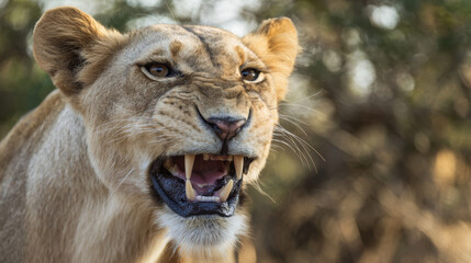 Obraz premium Close up portrait of lioness snarling with visible fangs, showcasing fierce expression
