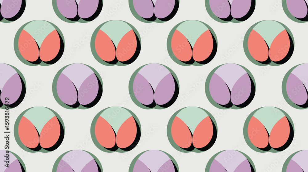 Poster repeating pattern of pastel colored circles with curved shapes inside