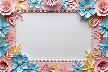 Vibrant tropical flower frame in a paper cut style, featuring orange blossoms and blue leaves. A unique and layered papercraft border for summer party invitations or exotic themes