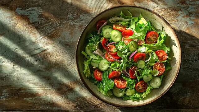 Sunlit bowl of fresh salad with cucumbers, tomatoes, and greens
