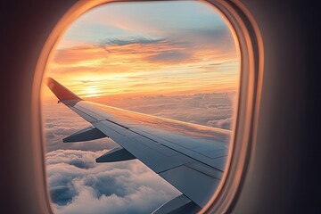 Obraz premium Airplane window view of sunset and clouds