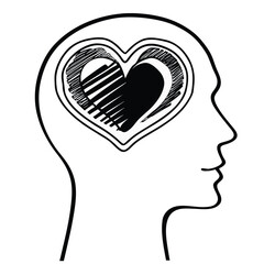 A stylized black and white drawing shows a human head profile. Inside the head, a heart shape is depicted, symbolizing emotions and mental state, rendered in a silhouette style.