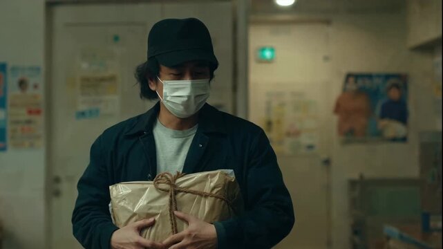 Man in face mask holding a brown paper package indoors, symbolizing delivery, care, or a transaction in a cautious environment.