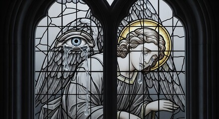 Modern Gothic & Dark Baroque stained-glass window featuring a sorrowful angel and a mystical, winged eye, both shedding shimmering tears.