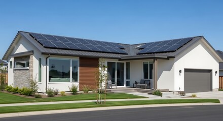 Fototapeta premium Solar Panels Installation on Modern House Roof with Blue Sky Background