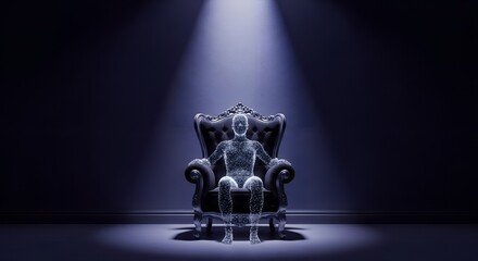 A glowing, ethereal digital entity in the form of a human figure sits like an invisible monarch on a dramatic, ornate armchair under a spotlight in a dark, modern gothic room. AI concept.