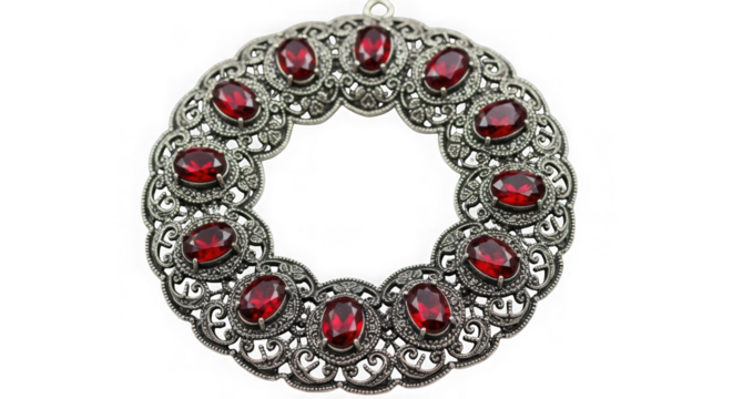 Vintage silver pendant with red gemstones isolated on transparent background