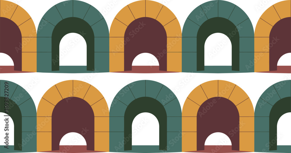 Poster repeating arches pattern in green yellow and maroon color scheme design