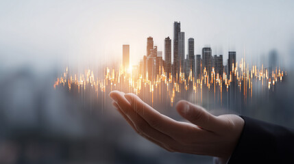 Business hand showing futuristic skyline with finance graph, smart city concept, economic growth, investment planning, real estate tech, digital economy, data ...
