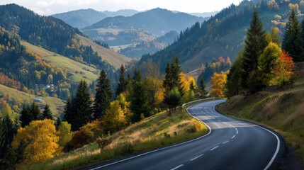Fototapeta premium Winding mountain road through autumn forest with colorful fall foliage and distant mountain ranges