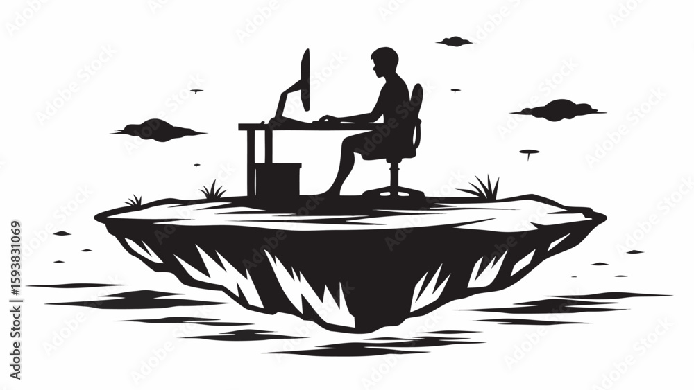 Poster silhouette of a person working on a computer on a floating island with clouds in the background scen