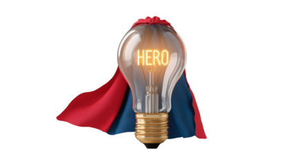 Illuminated hero word in lightbulb with cape