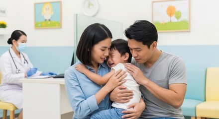 A young child in a hospital setting, crying and being comforted by a parent.