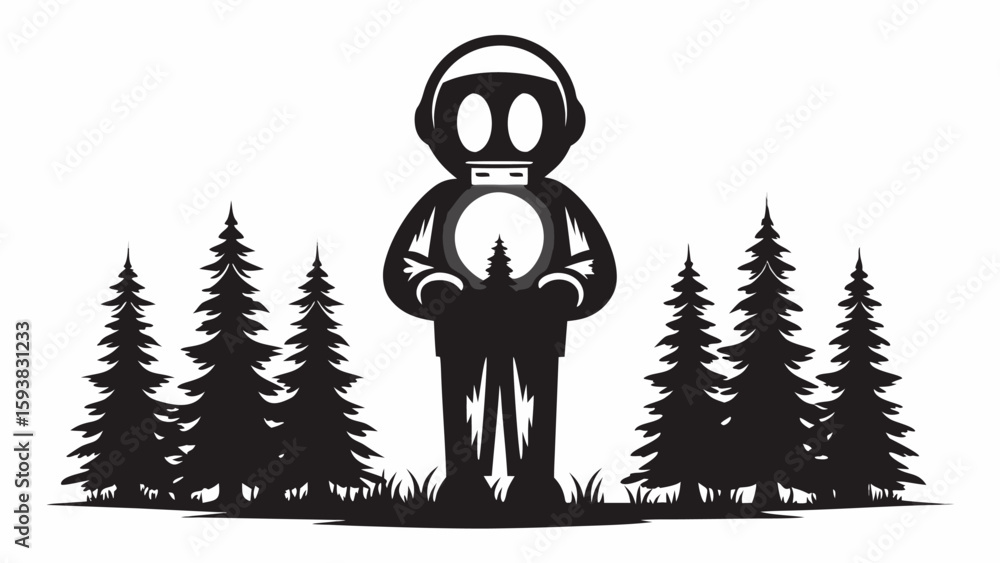 Poster silhouette of a person in a gas mask holding a circle with a tree inside standing among trees in bla