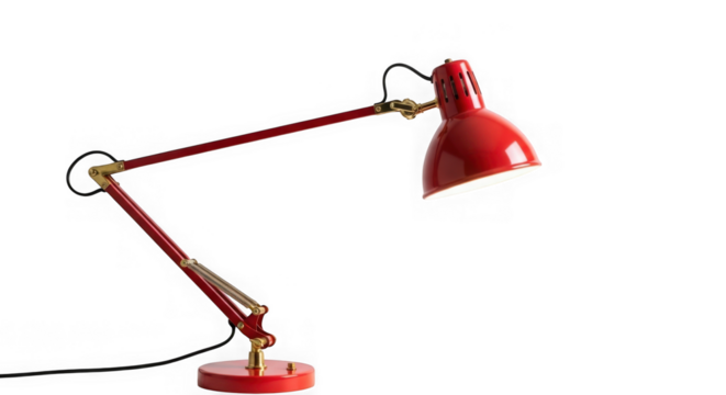 Red adjustable desk lamp lighting isolated on transparent background