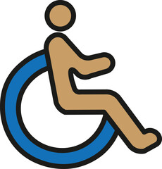 Disabled person icon. Crutches, braille, wheelchair, cane, hearing aid, prosthetic, guide dog, glasses, hospital bed, communication, support, accessibility, healthcare, therapy, disability