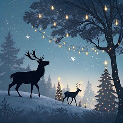 Majestic stag and fawn in snowy forest under twinkling lights