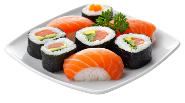 Assorted Japanese sushi and maki rolls with salmon and fresh fish neatly arranged on a white or black plate