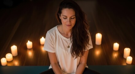 A woman meditating in a dimly lit room with candles.