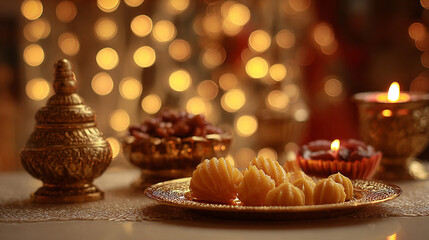 Golden Diwali Sweets: Festive Treats & Warm Lighting