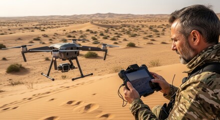 A man operating a drone in a desert landscape.