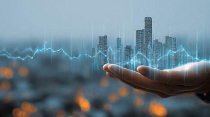 Business hand showing futuristic skyline with finance graph, smart city concept, economic growth, investment planning, real estate tech, digital economy, data ...