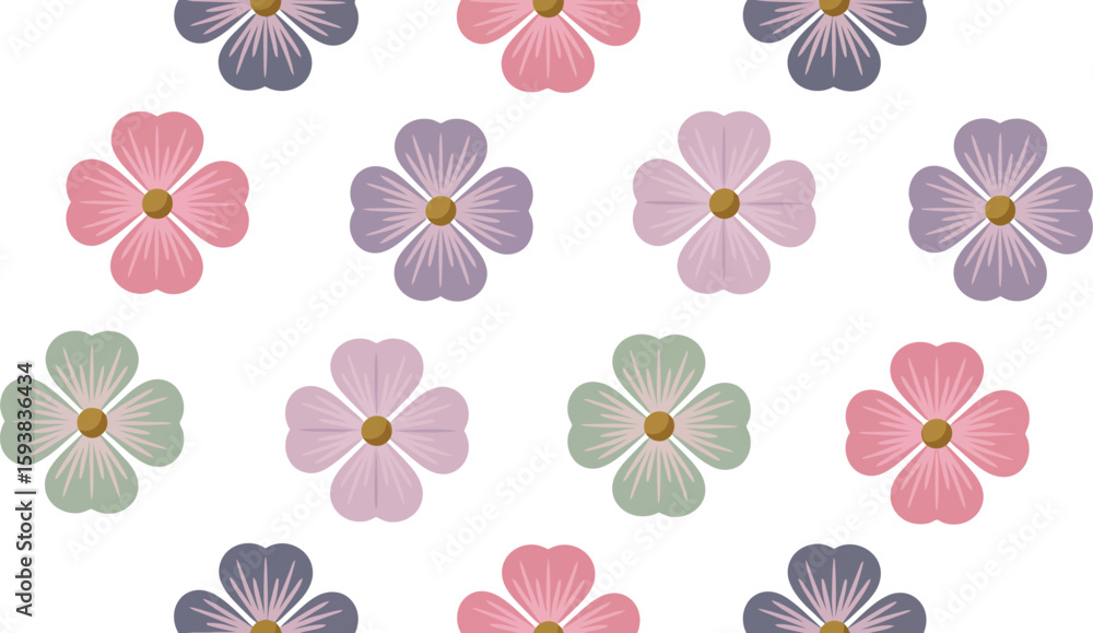 Poster seamless pattern of colorful four leaf clovers on a green background