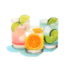Three refreshing cocktails with lime slices orange wedges and ice cubes served in transparent glasses for a vibrant and inviting presentation