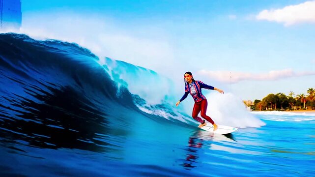 surfing woman urban beach surfer wave city