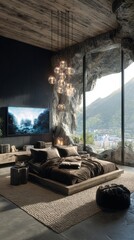 Fototapeta premium Luxe cave bedroom with natural rock accent wall and a large window with mountain view