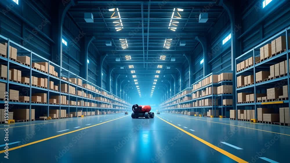 Poster futuristic robotic warehouse management: advanced inventory systems & streamlined robotics in expans