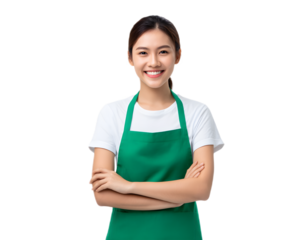 A cheerful helpful young Asian woman wearing a green apron stands with a welcoming expression ready to assist customers in a retail or hospitality setting