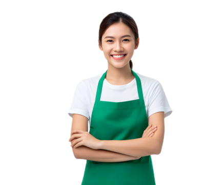 A cheerful helpful young Asian woman wearing a green apron stands with a welcoming expression ready to assist customers in a retail or hospitality setting