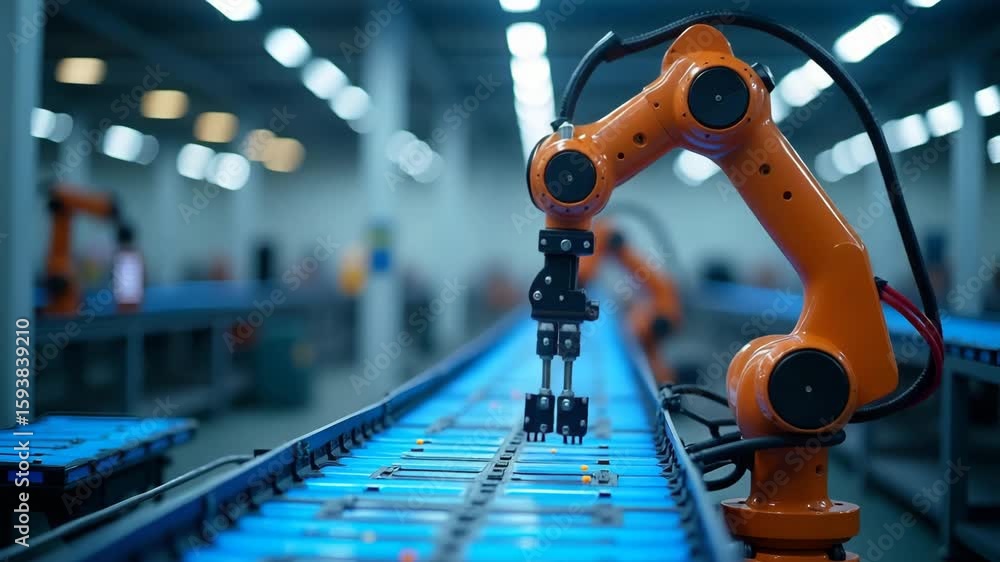 Poster revolutionizing production: contemporary automated assembly lines with cutting-edge robotics for pre