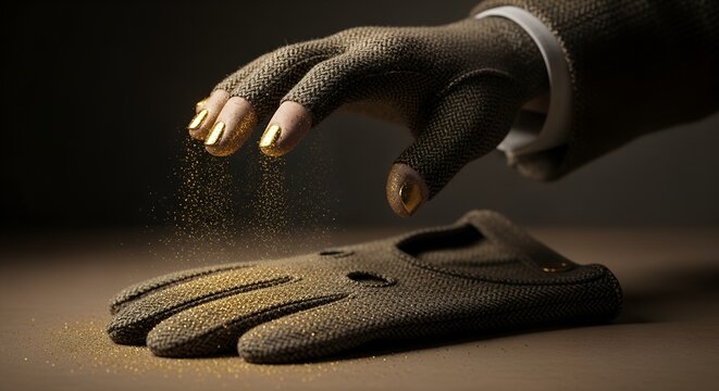 A gloved hand with golden-tipped fingers delicately sprinkles shimmering gold dust over a matching tweed glove, embodying the Midas touch &ndash; part of "The Uniform & The Wardrobe."