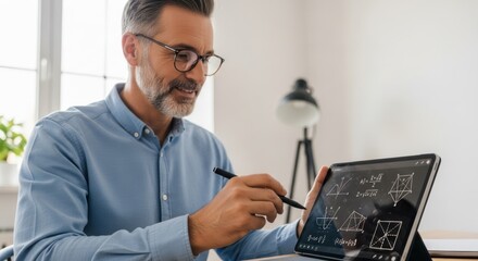 A man wearing glasses and a blue shirt, holding a tablet with a mathematical equation on the screen.