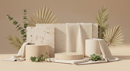 Elegant display of beige podiums with draped fabric and natural greenery.