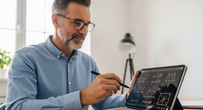 A man wearing glasses and a blue shirt, holding a tablet with a mathematical equation on the screen.