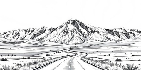 Hand-drawn black & white mountain range, winding road, open fields , panorama, adventure