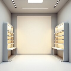A modern minimalist display room with an arched entrance, sleek floating shelves on both sides, and soft ambient lighting. The clean white interior creates an elegant, futuristic atmosphere.
