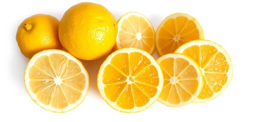 Obraz premium Whole, half, and sliced lemons isolated on white background, showing texture and juice, lemon, half lemon