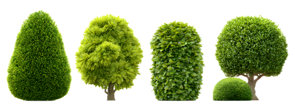 A collection of four precisely shaped and manicured topiary plants in various geometric forms showcasing the beauty and precision of ornamental gardening