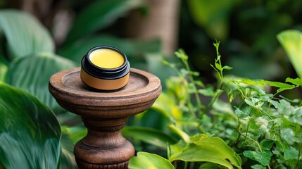 Round cream jar with yellow body balm inside and greenery in the background, highlighting facials, textures, color details, pastel tones.