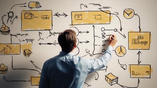 Business process flow chart on wall with person reviewing