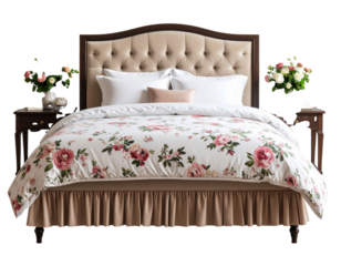 Bed with Ruffled Skirt and Patterned Comforter, Front Angle, Transparent Background
