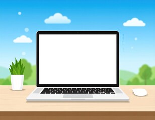 Fototapeta premium A laptop with a blank white screen on a wooden desk, accompanied by a small potted plant and a wireless mouse, set against a bright outdoor background.