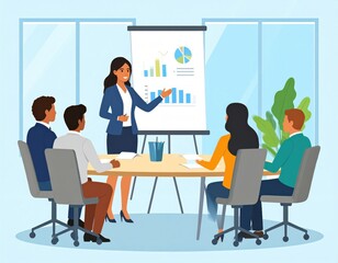 A businesswoman presents graphs and charts to colleagues in a modern meeting room with large windows and a plant.