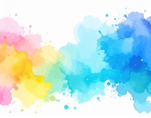 Obraz premium Abstract watercolor splash painting blending pastel pink, yellow, green, blue, and purple hues on a white background.