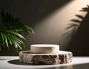 Product on stone pedestal with dramatic shadows and spotlight for business presentation