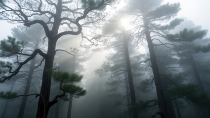 A view looking up through tall trees in a forest shrouded in a thick layer of fog and mist in the daytime